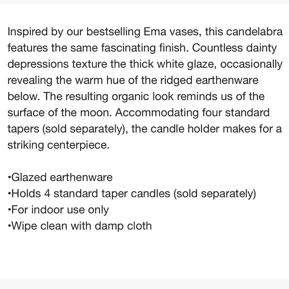 CRATE&BARREL NWT ema ceramic 4 taper candelabra